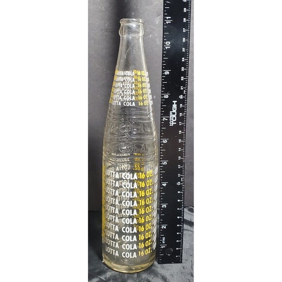 Vintage LOTTA COLA 16oz Clear Glass ACL Soda Bottle Yellow White Lettering - Picture 11 of 16